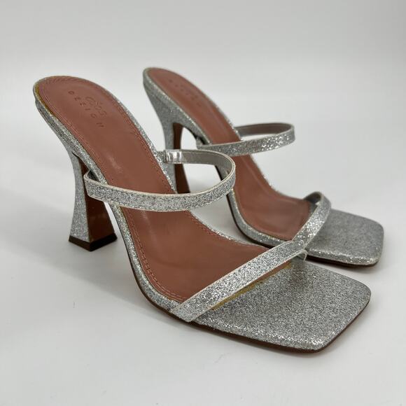ASOS Glitter Slide Sandals Womens 8 Silver Strappy High Heels Square Open Toe - Picture 1 of 11